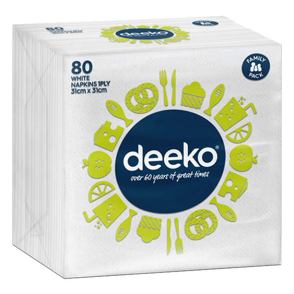 Deeko White Napkins 1 Ply 80 Pack