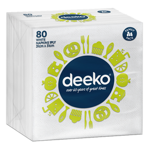 Deeko White Napkins 1 Ply 80 Pack