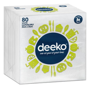 Deeko White Napkins 1 Ply 80 Pack