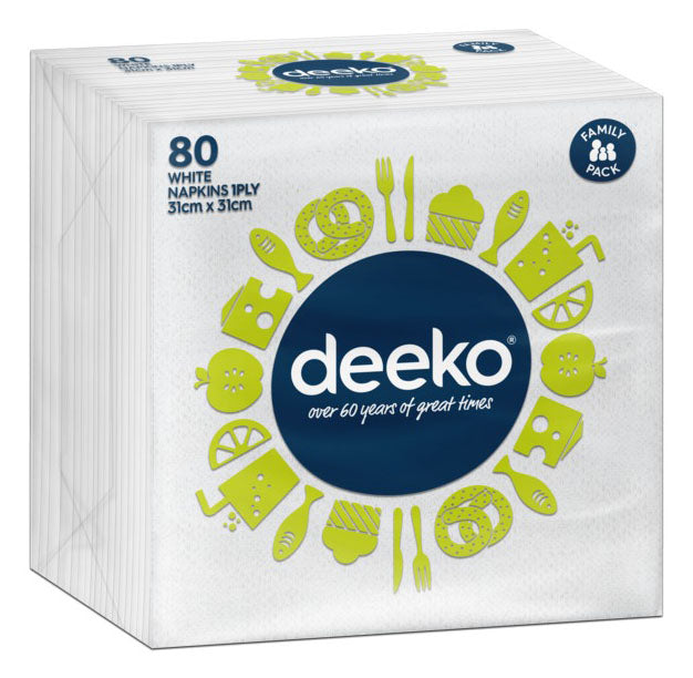 Deeko White Napkins 1 Ply 80 Pack (4hr Express)